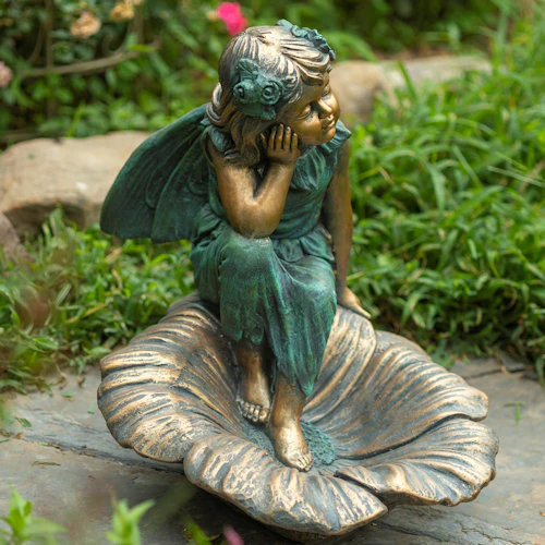 Fairy Sculpture Sitting on Flower Basin Birdbath 20" H - Image 5