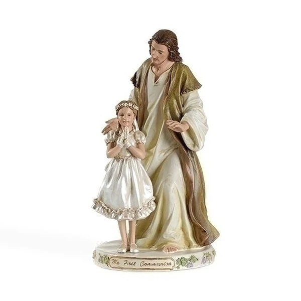First Communion Girl with Jesus Statue