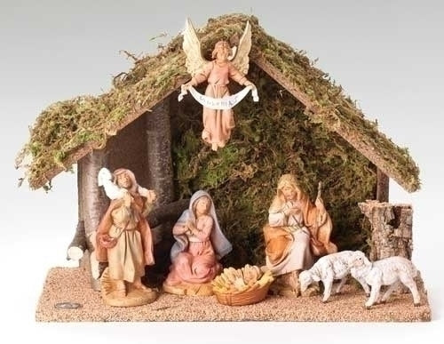 Fontanini 5" Nativity Figurines Set with Italian Moss Stable - Image 2