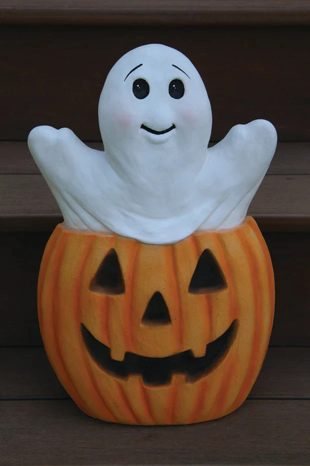 Friendly Ghost & Pumpkin Cement Sculpture 16.75" High