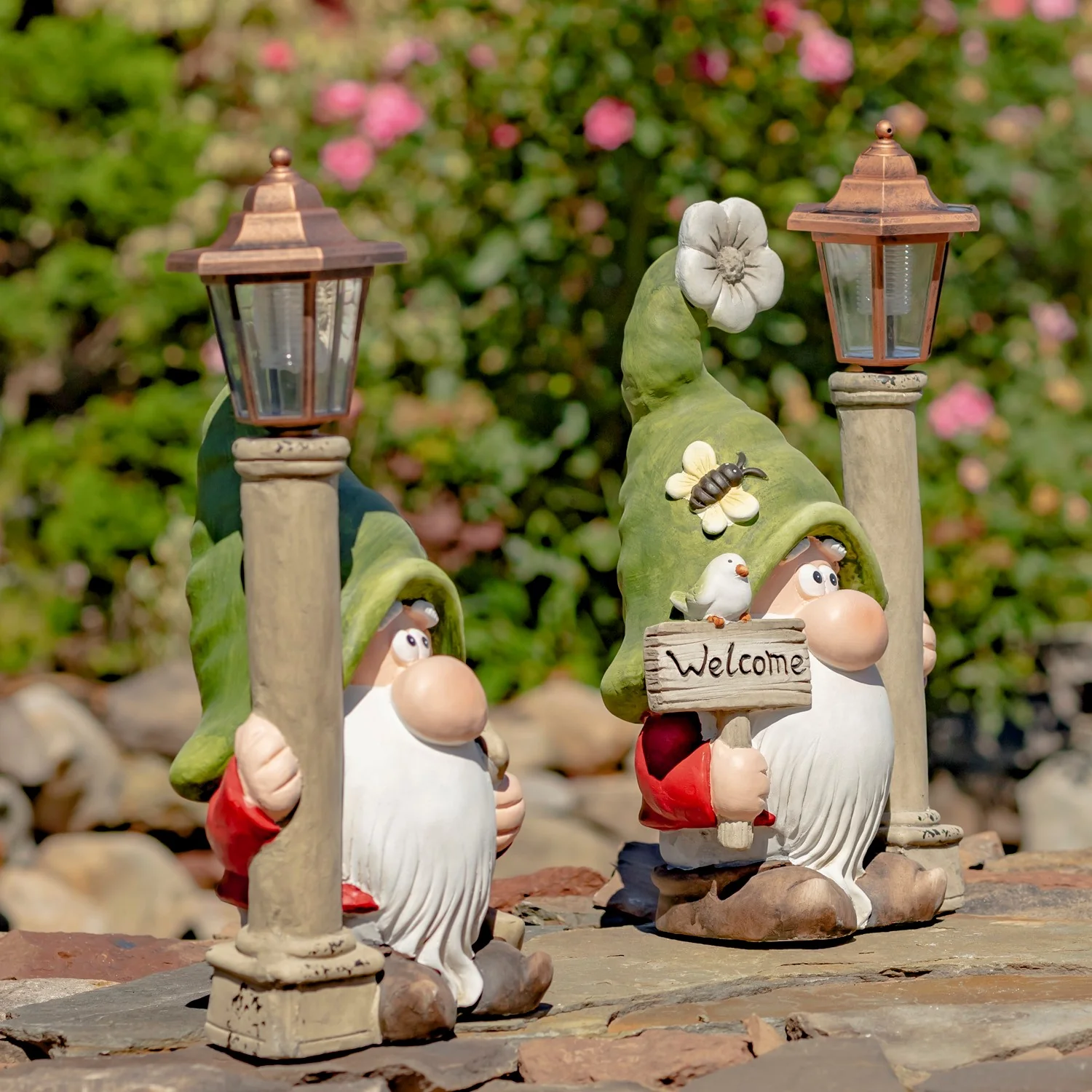 Garden Gnome Statues Set of 2 with Solar Lantern Posts & Welcome Sign 18" - Image 3