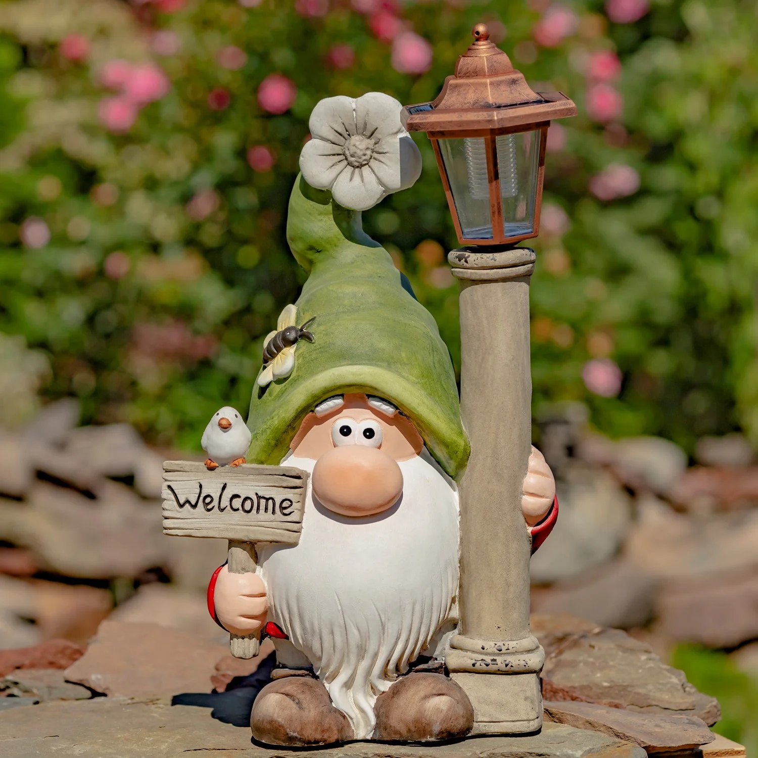 Garden Gnome Statues Set of 2 with Solar Lantern Posts & Welcome Sign 18" - Image 4