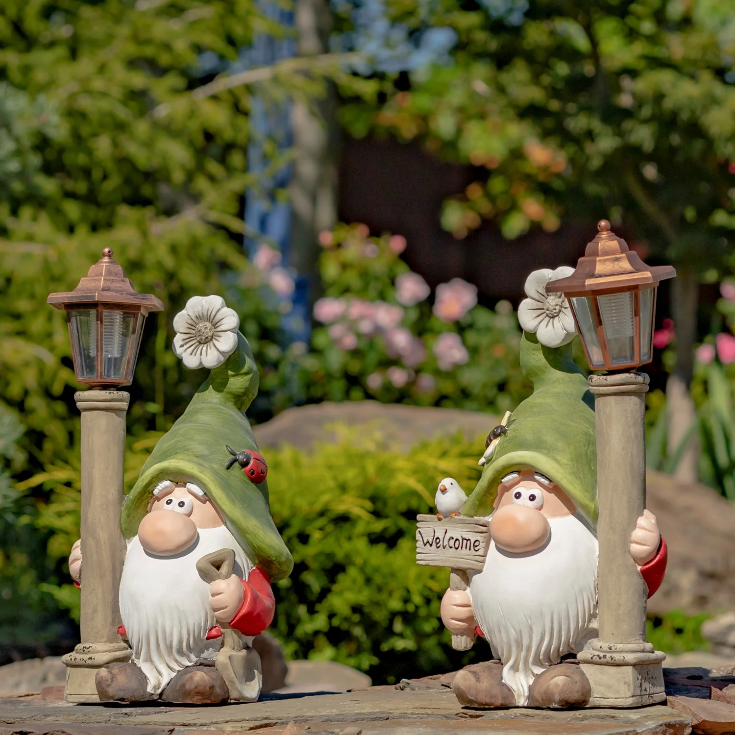 Garden Gnome Statues Set of 2 with Solar Lantern Posts & Welcome Sign 18" - Image 5