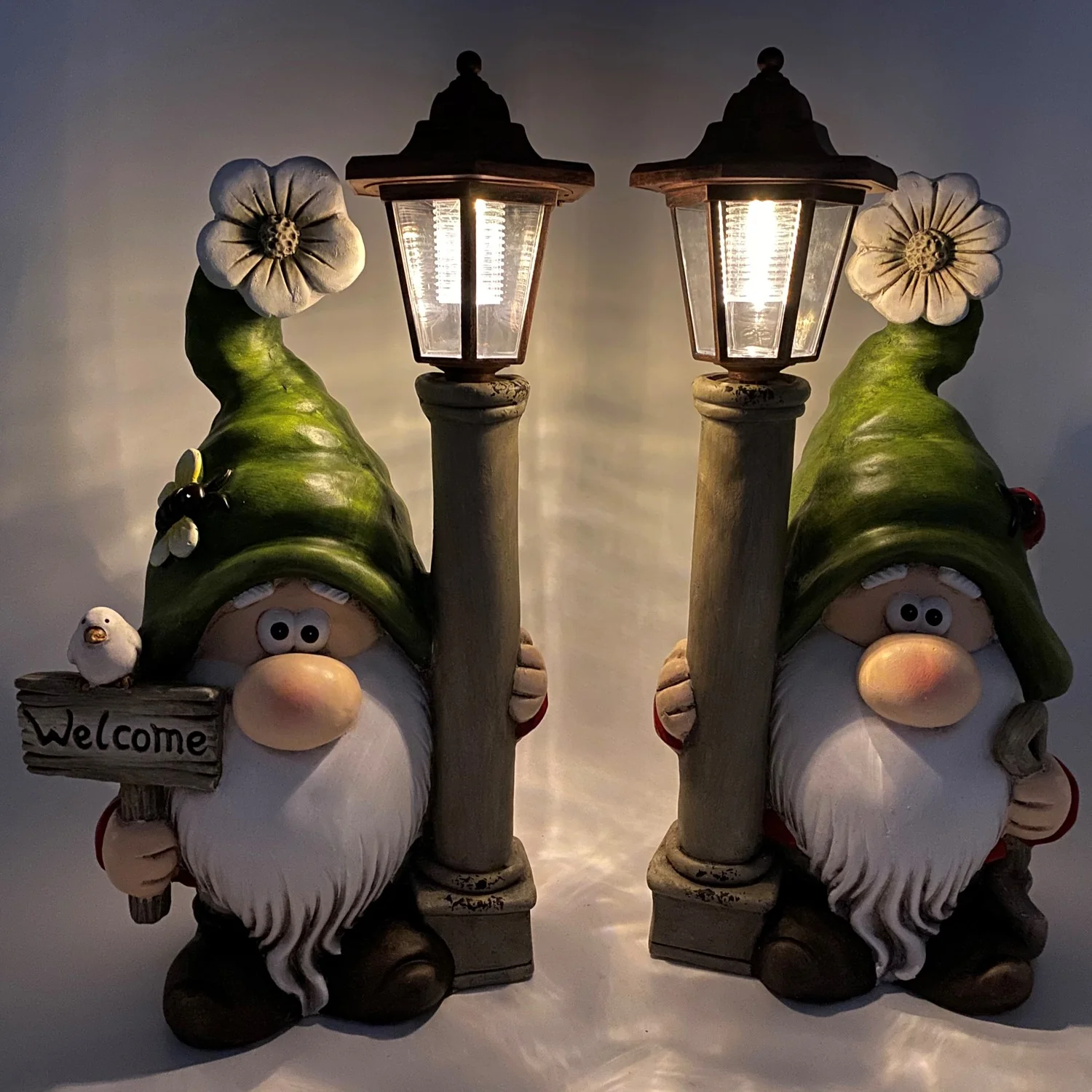 Garden Gnome Statues Set of 2 with Solar Lantern Posts & Welcome Sign 18" - Image 8