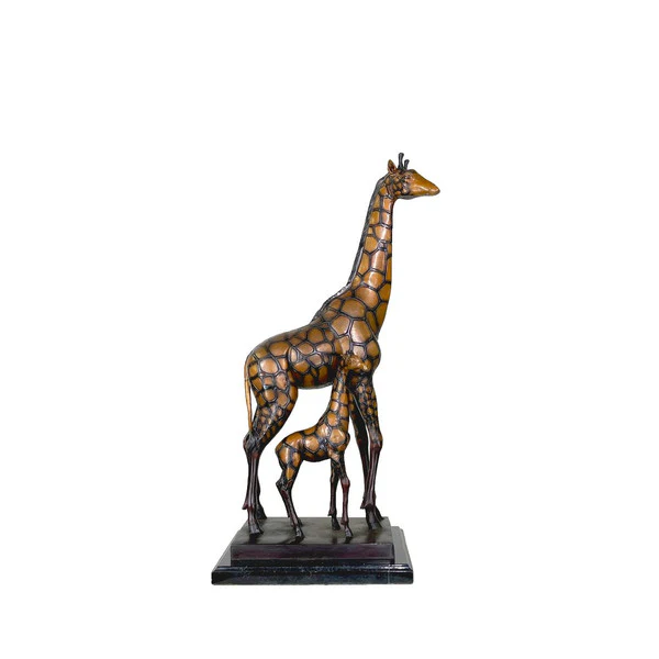Giraffe & Baby Bronze Statue on Marble Base