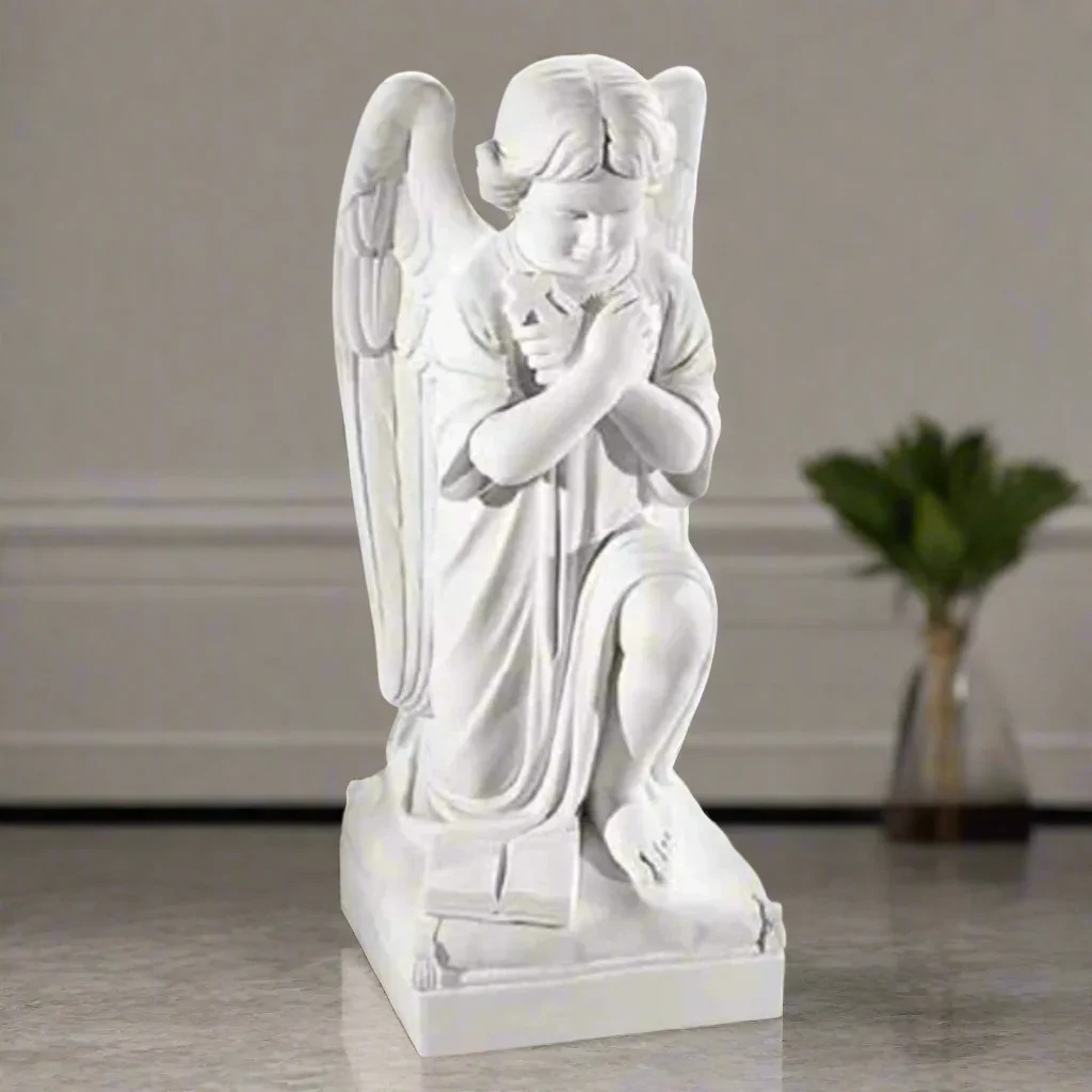 Girl Angel Praying With Cross Marble Sculpture