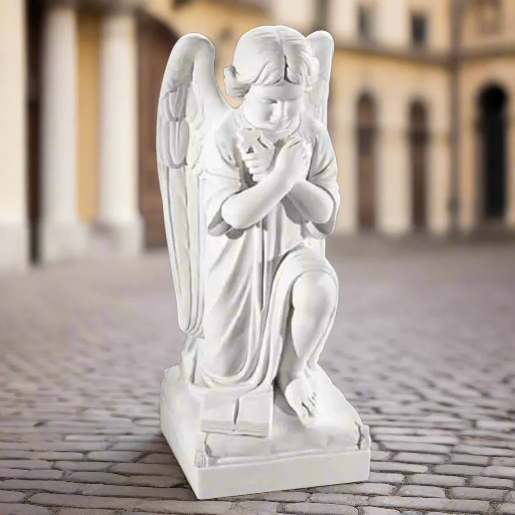 Girl Angel Praying With Cross Marble Sculpture - Image 2