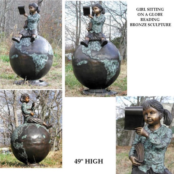Girl Sitting On A Globe Reading Bronze