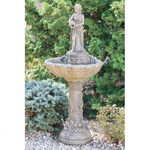 Girl With Jug On Scroll Shell Cement Fountain - Image 2