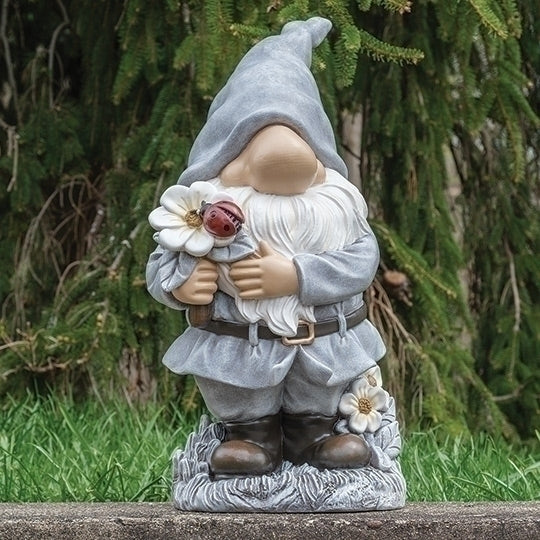Gnome with Flowers Garden Statue Holding Ladybug