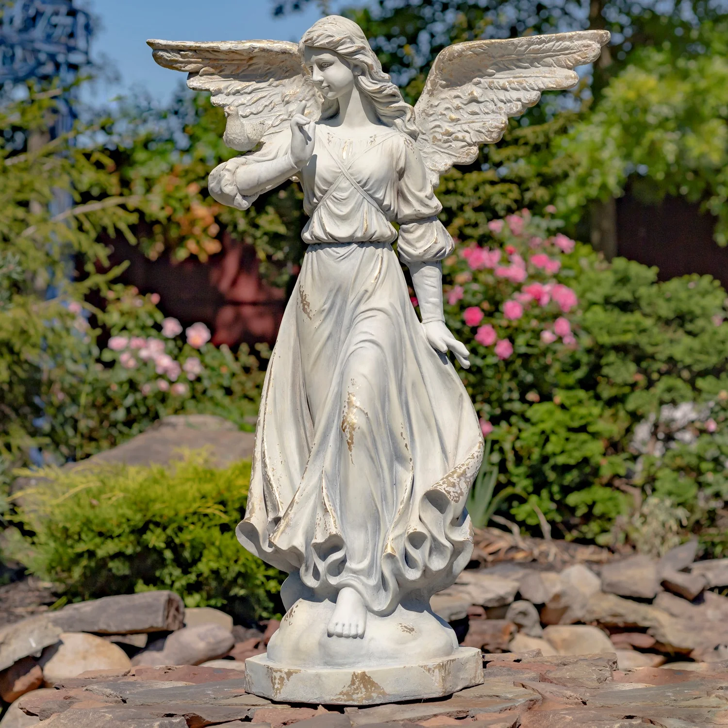 Graceful Guardian Angel Sculpture – Antique Grey 46" High