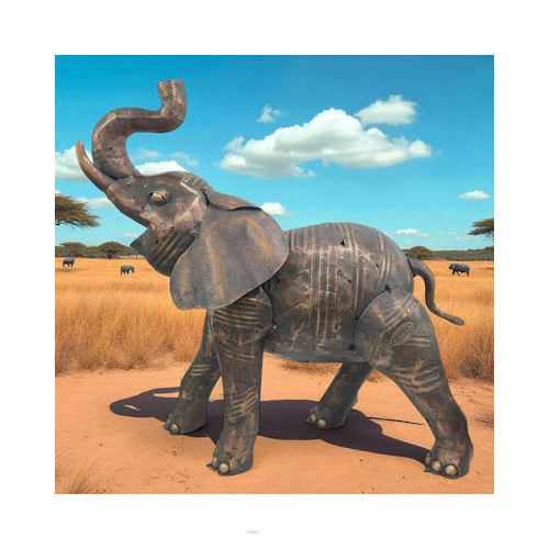 Grand Life-Size Elephant Trunk Up Iron Garden Statue