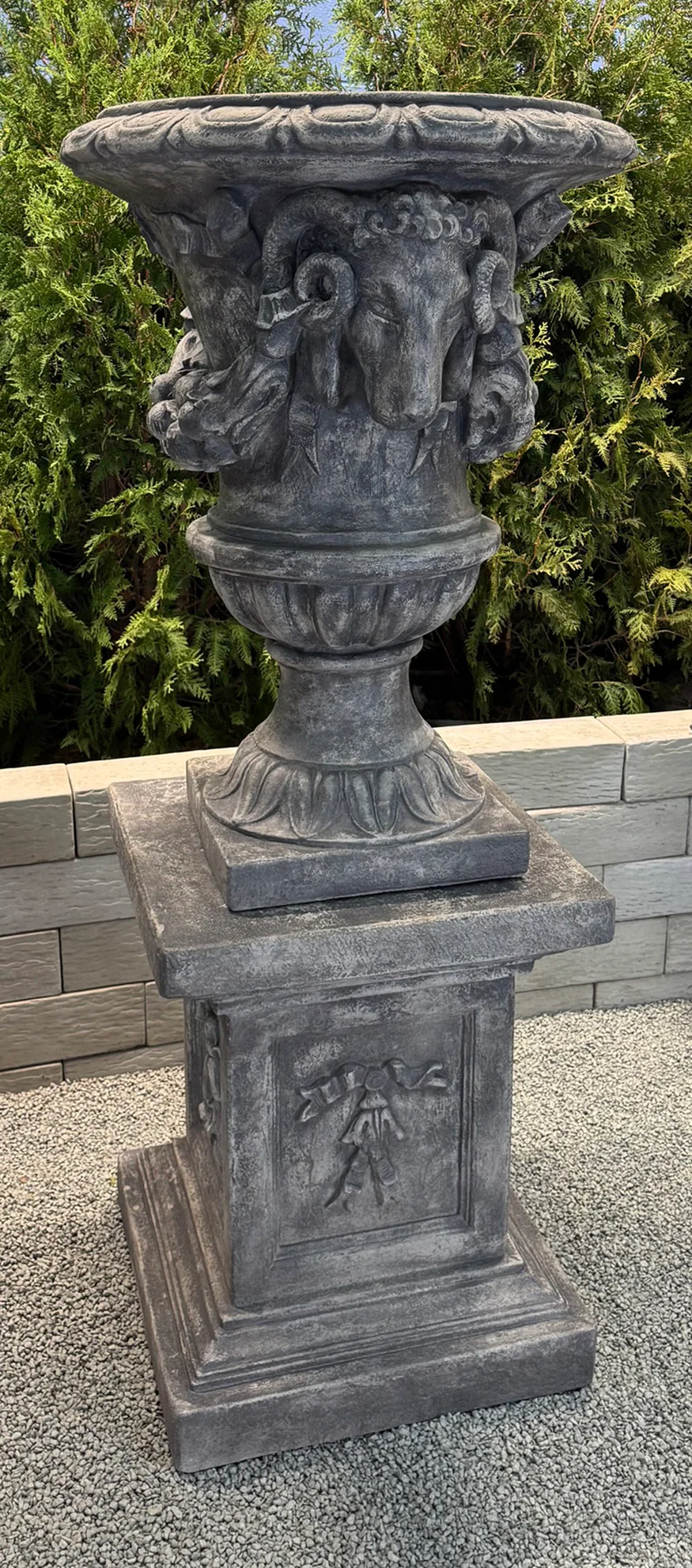 Grand Ram's Head Urn on Square Pedestal Set 69" Tall - Image 2