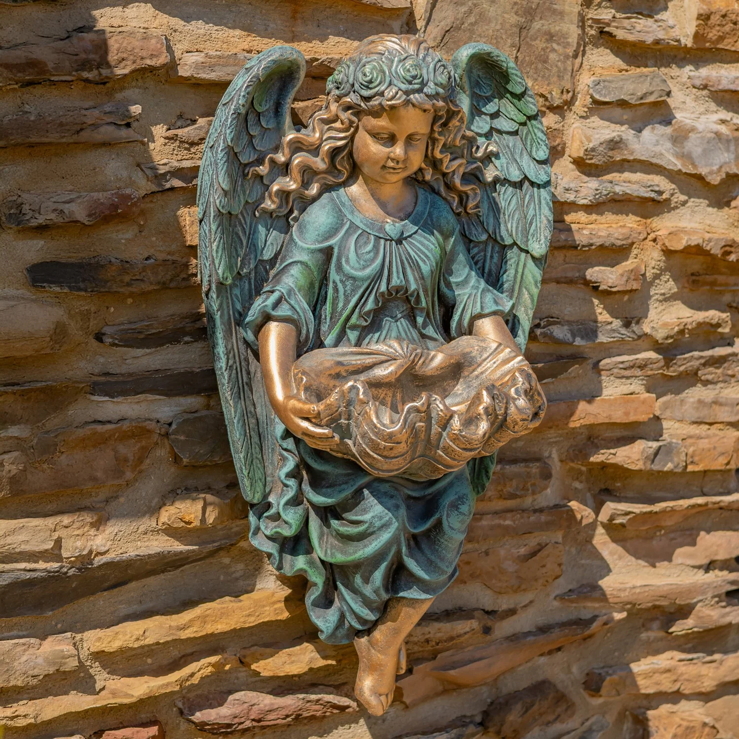Heavenly Cherub Wall Planter Sculpture – Antique Bronze 30" Tall