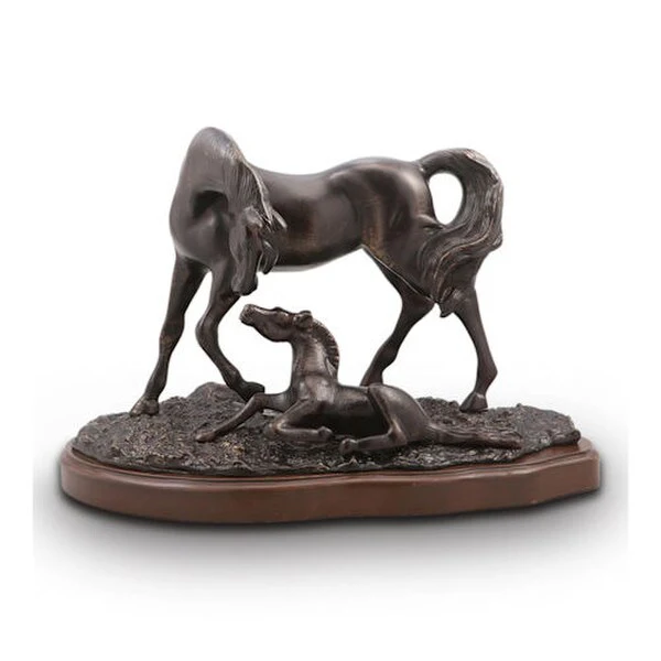 Horse with Colt Sculpture on Wood Base