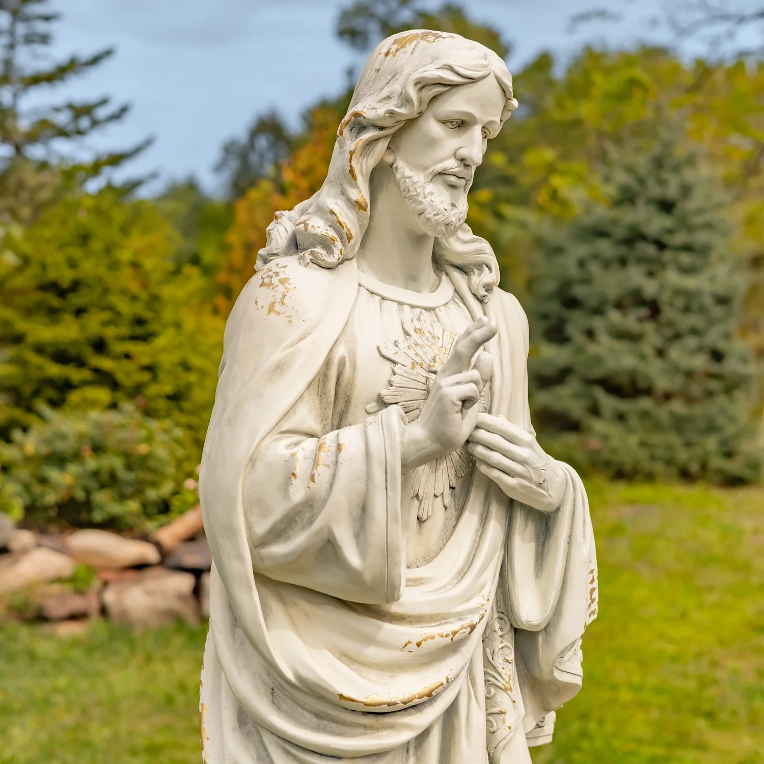 Sacred Heart of Jesus Garden Statue 48" High Antique White - Image 2