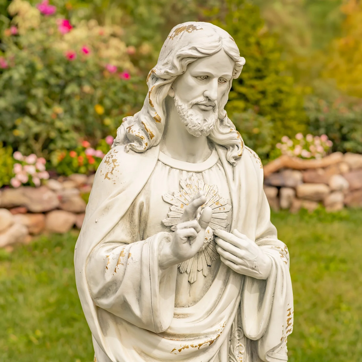 Sacred Heart of Jesus Garden Statue 48" High Antique White - Image 3