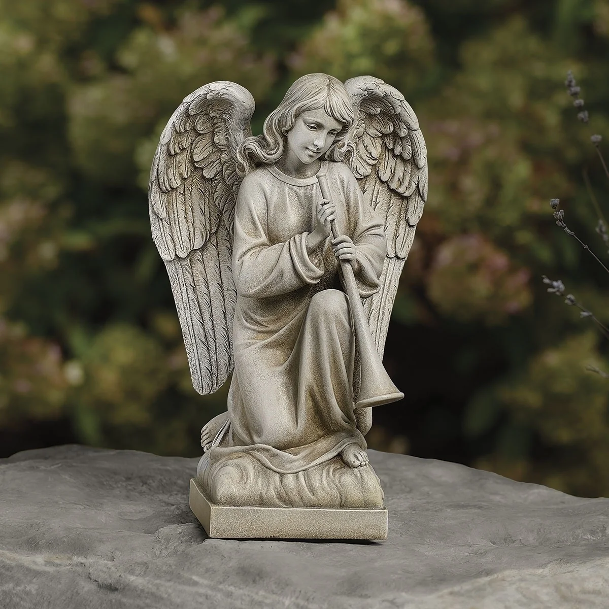 Kneeling Angel with Trumpet Garden Statue 12"H