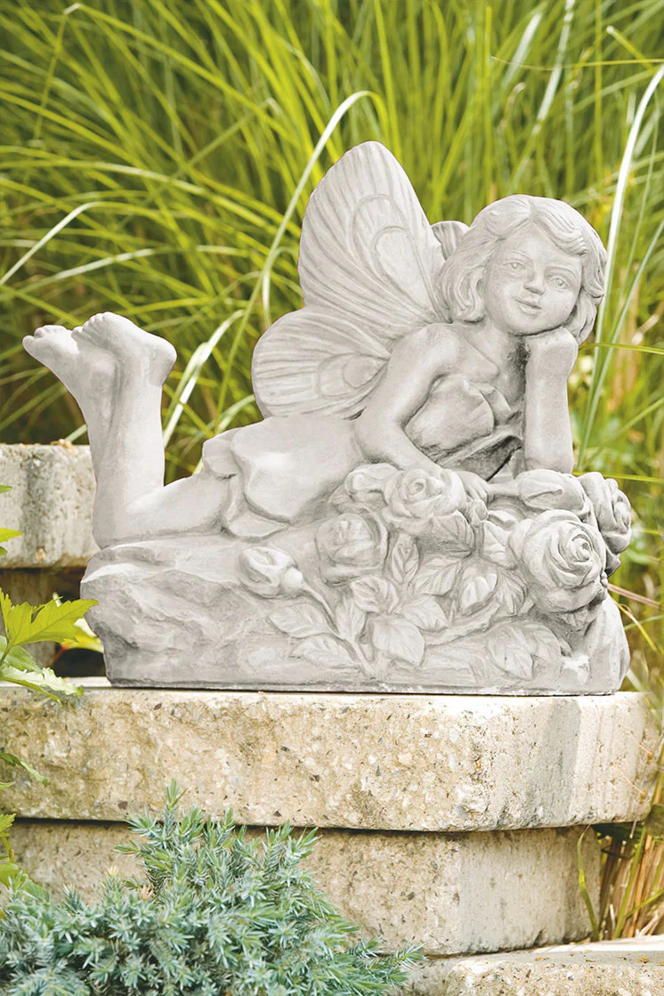 Laying Rose Fairy Cast Stone Garden Statue - Image 2