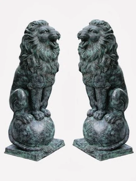 Lion on Ball Bronze Pair Sculptures