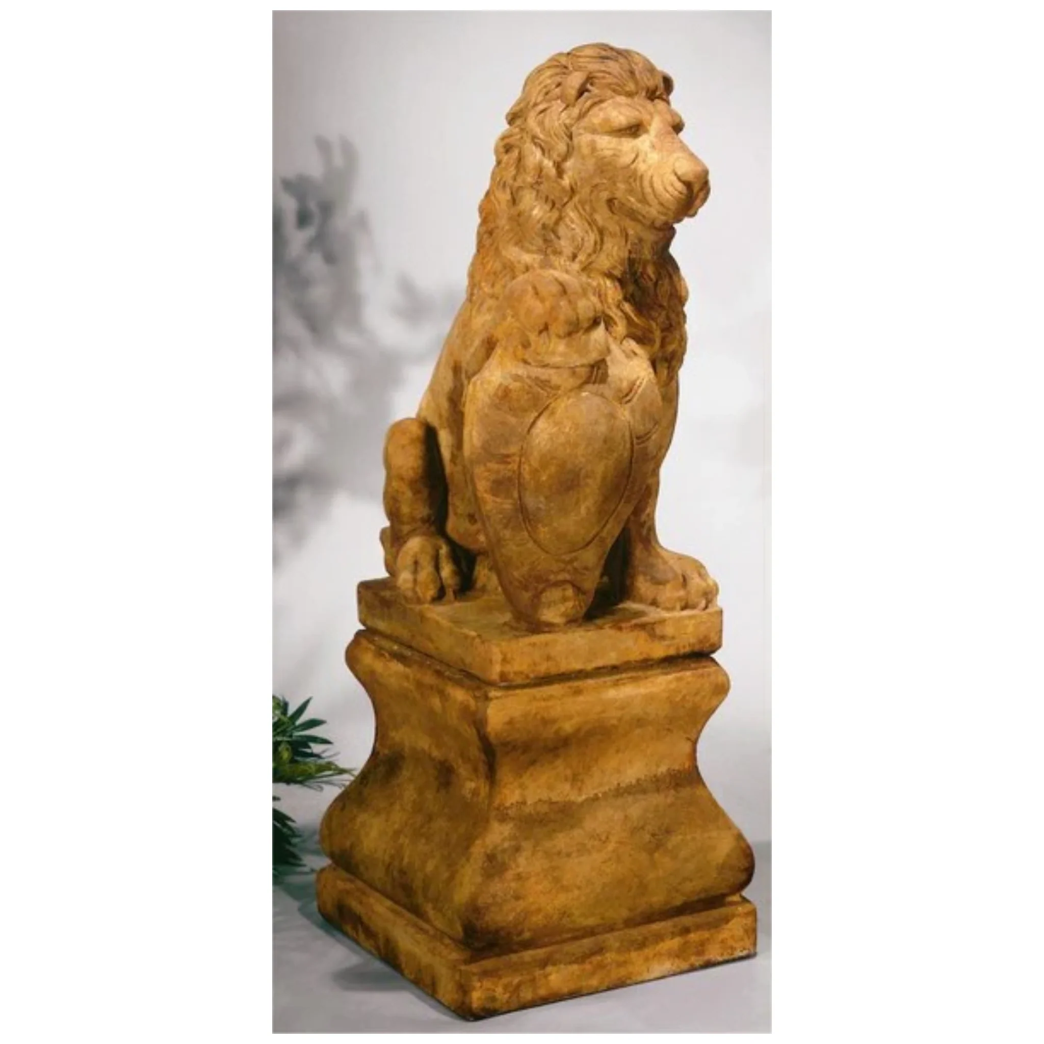 Lion Right with Shield & Base Garden Statue Set