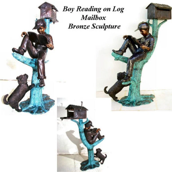 Mailbox W/ Boy Reading On Log With Dog