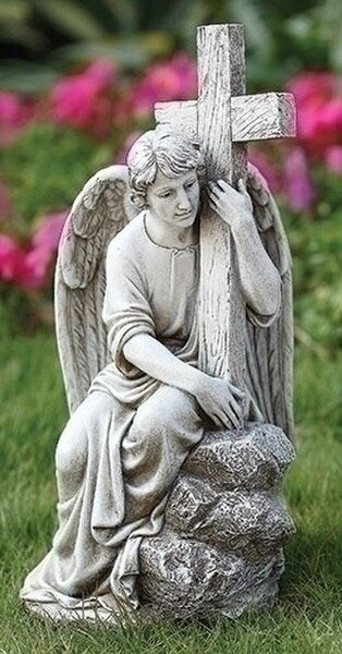 Male Angel With Crucifix Garden Sculpture