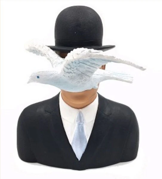 Man in a Bowler Hat with Dove by Magritte Statue