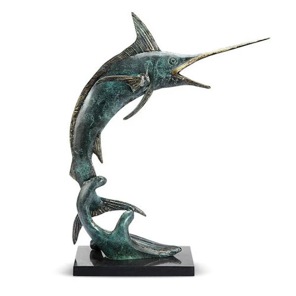 Marlin Statue Brass Mounted to Marble Base