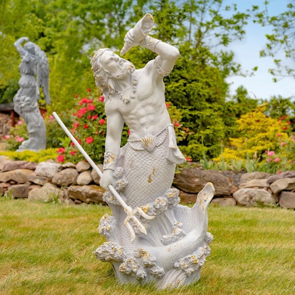 Merman Garden Statue Blowing in Conch Shell 52" High