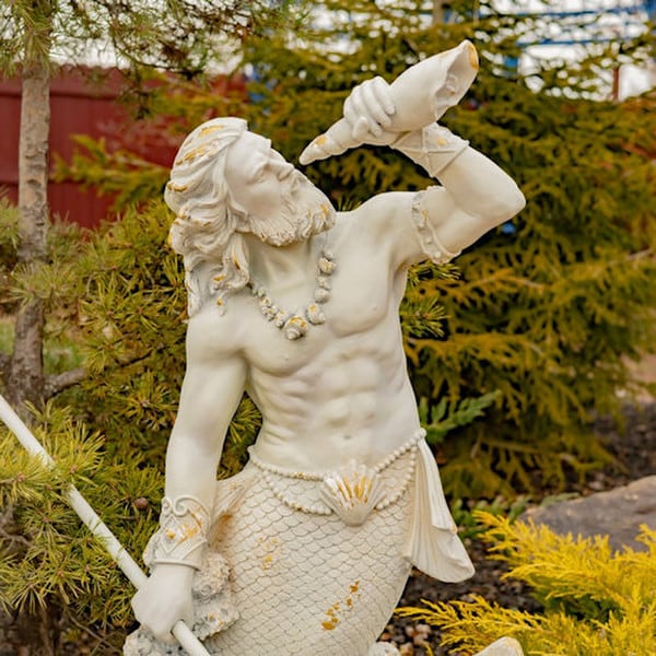 Merman Garden Statue Blowing in Conch Shell 52" High - Image 2