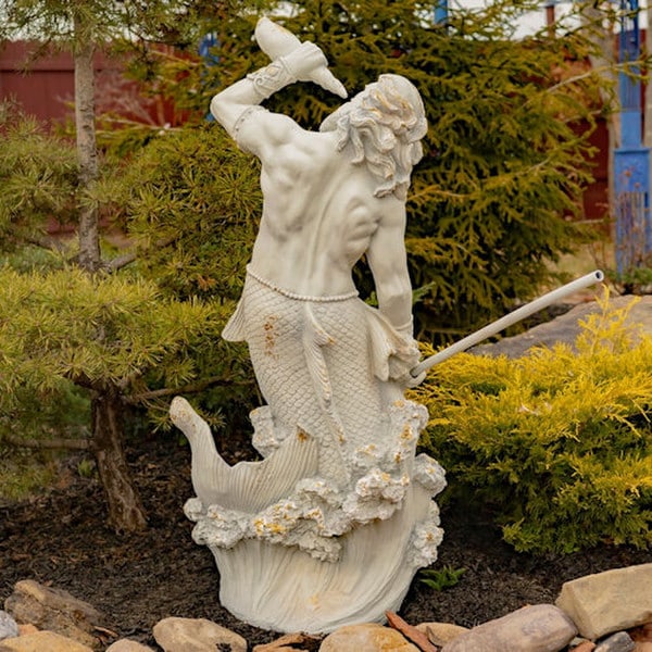 Merman Garden Statue Blowing in Conch Shell 52" High - Image 4