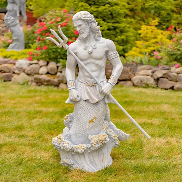 Merman Garden Statue Holding Trident 50" High