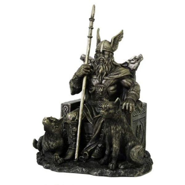 Odin Viking Statue on Throne with Wolves