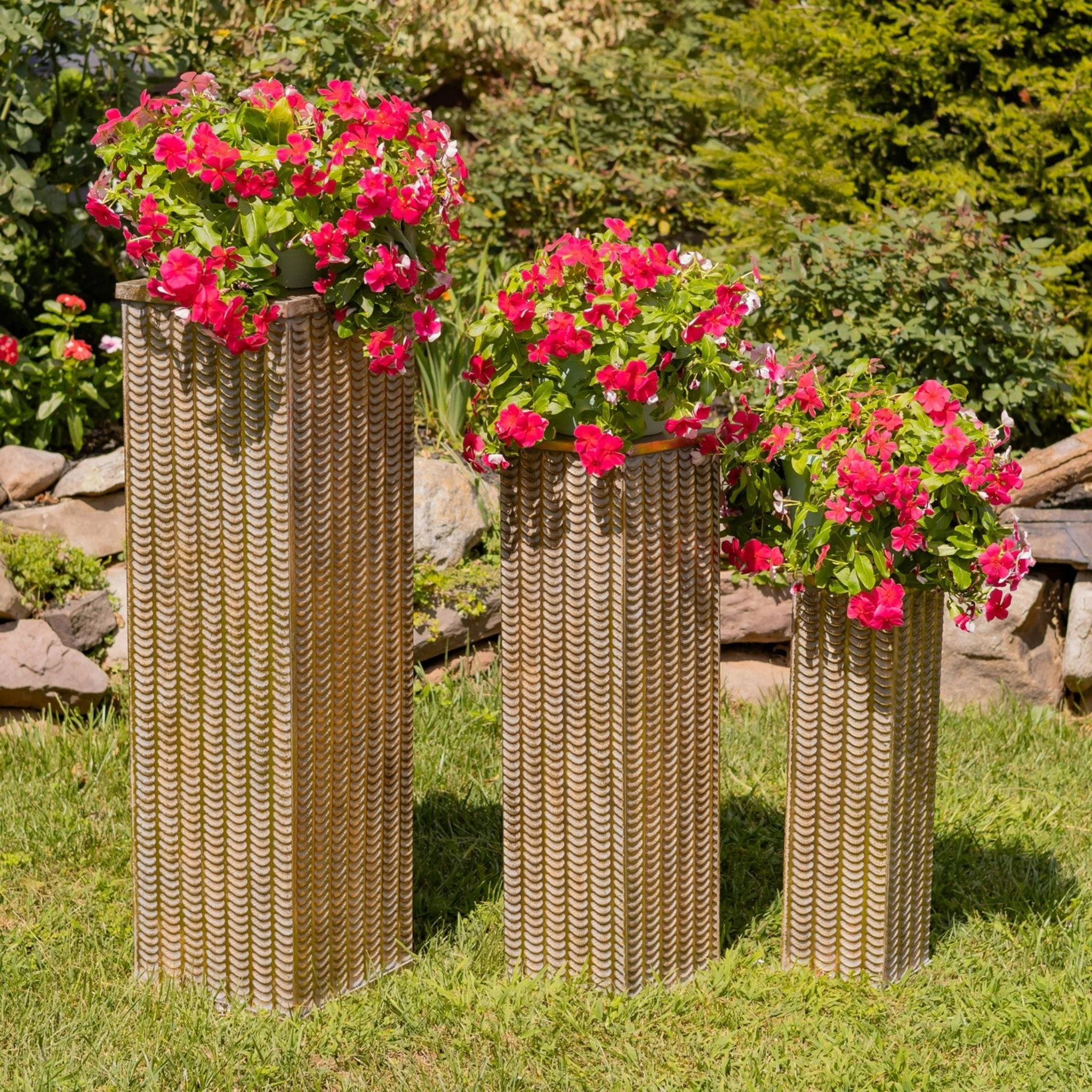 Set of 3 Assorted Dark Gold Metal Decorative Pedestal Pillars 39.5" H - Image 2