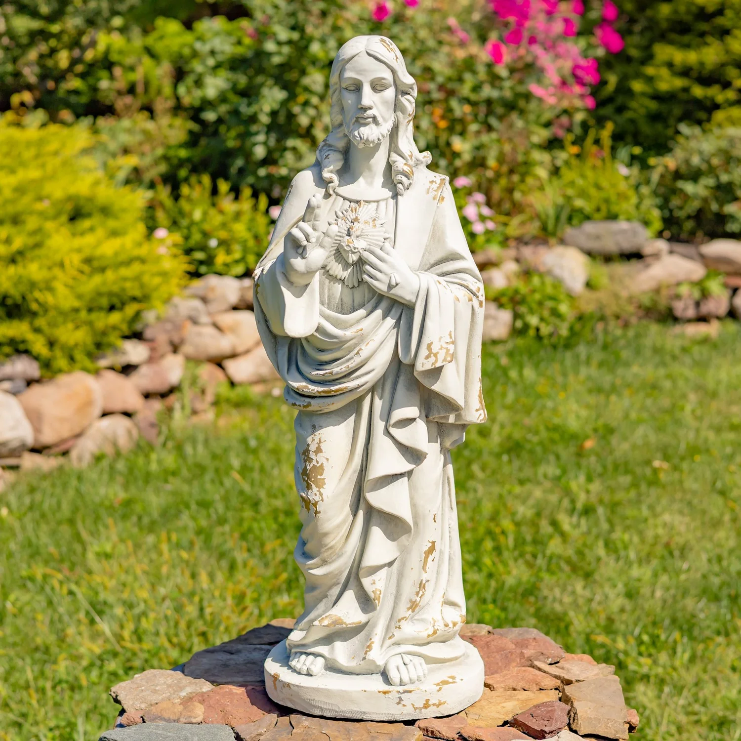Sacred Heart of Jesus Garden Statue 30" High Antique White