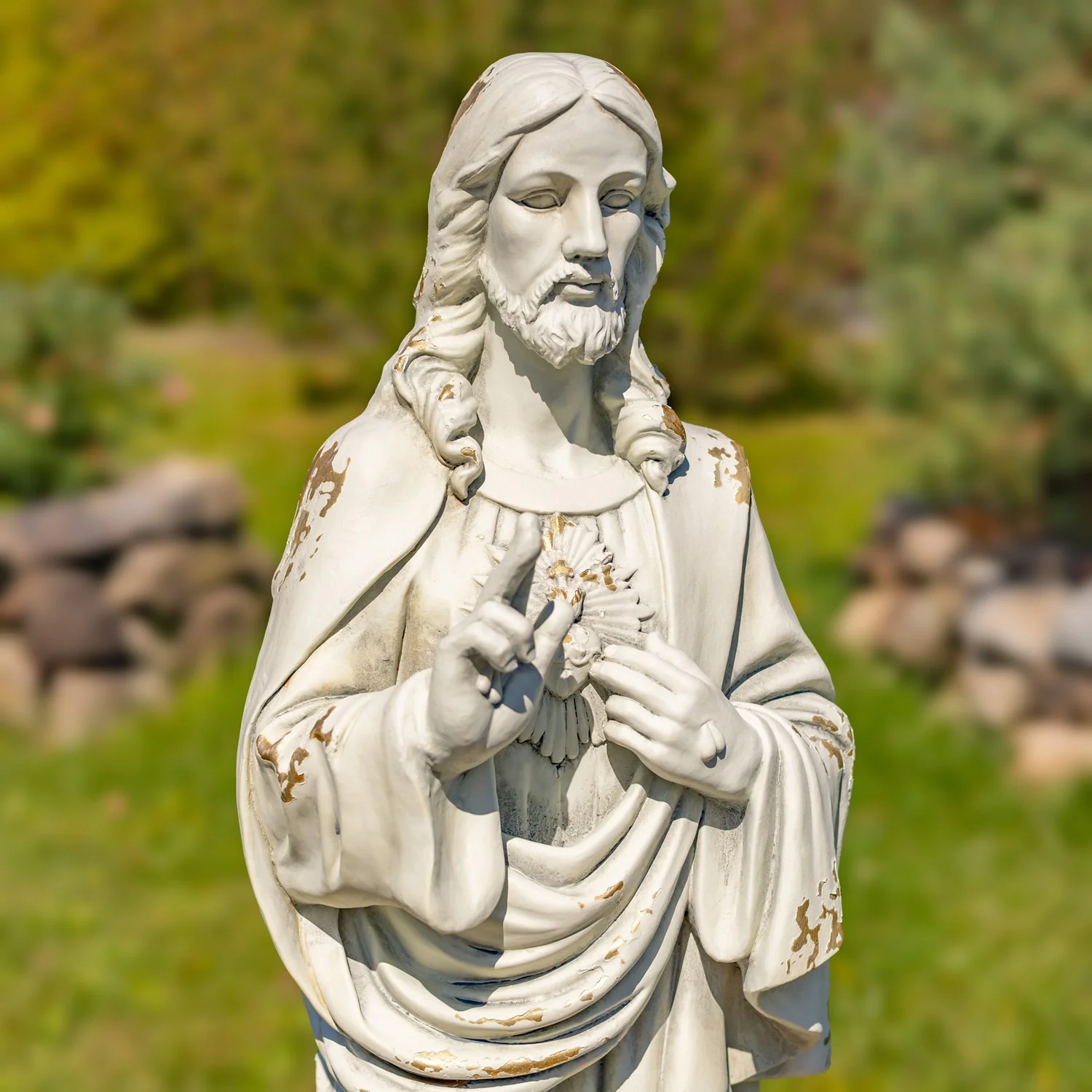 Sacred Heart of Jesus Garden Statue 30" High Antique White - Image 6