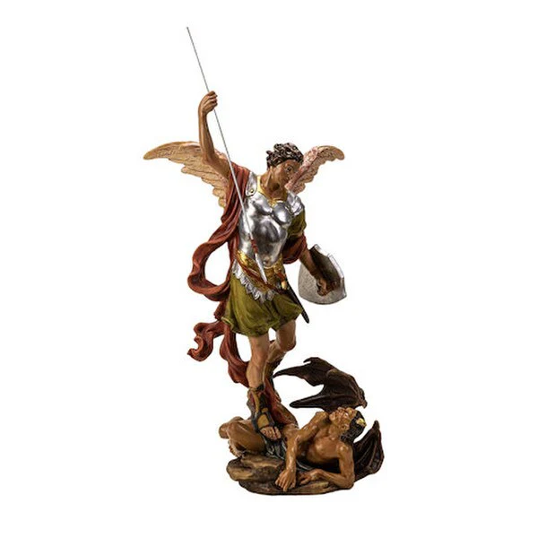 Saint Michael Spearing Devil Statue Colored 19.7" H