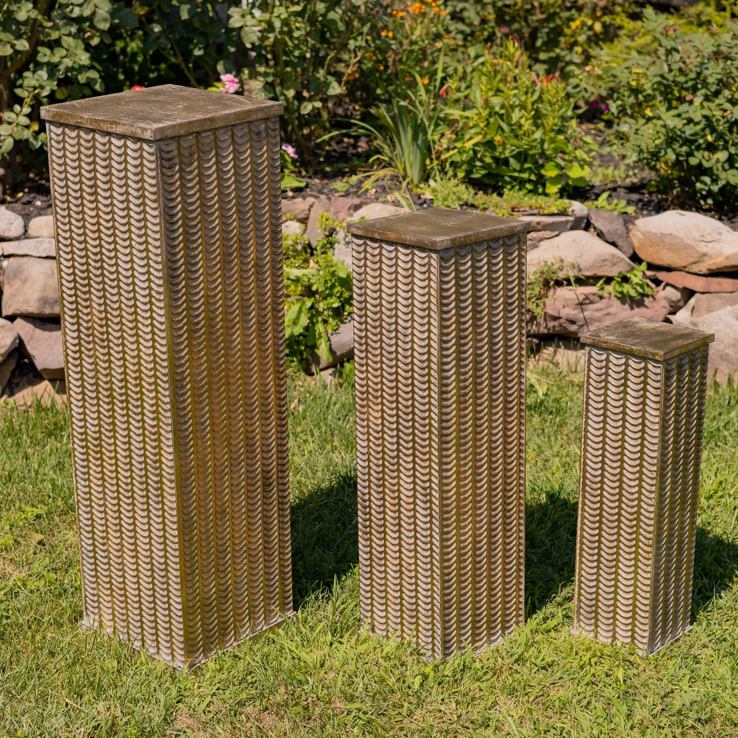 Set of 3 Assorted Frosted Gold Metal Decorative Pedestal Pillars 39.5" H - Image 2
