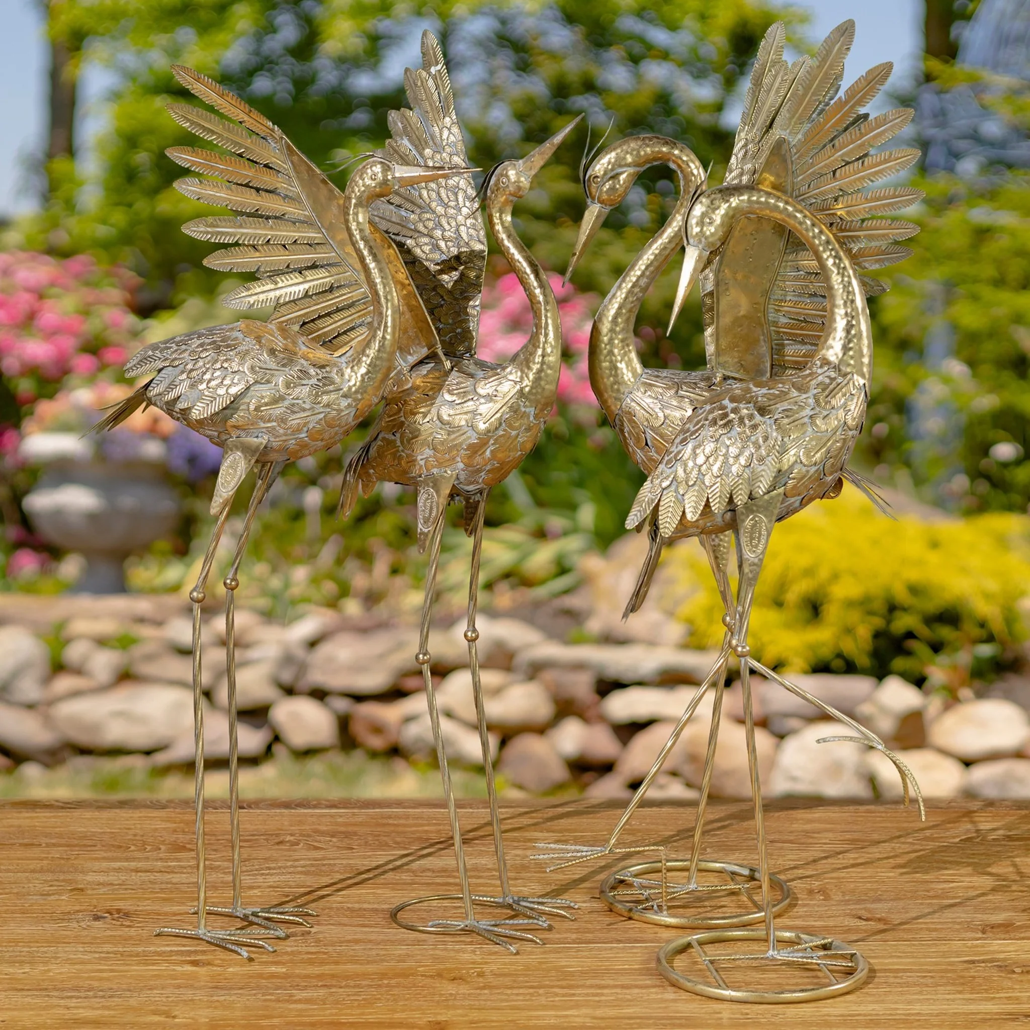 Set of 4 Assorted Metallic Gold Heron Garden Sculptures 39" H