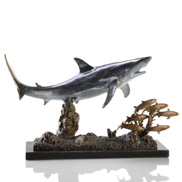 Shark with Prey Brass Statue on Marble Base