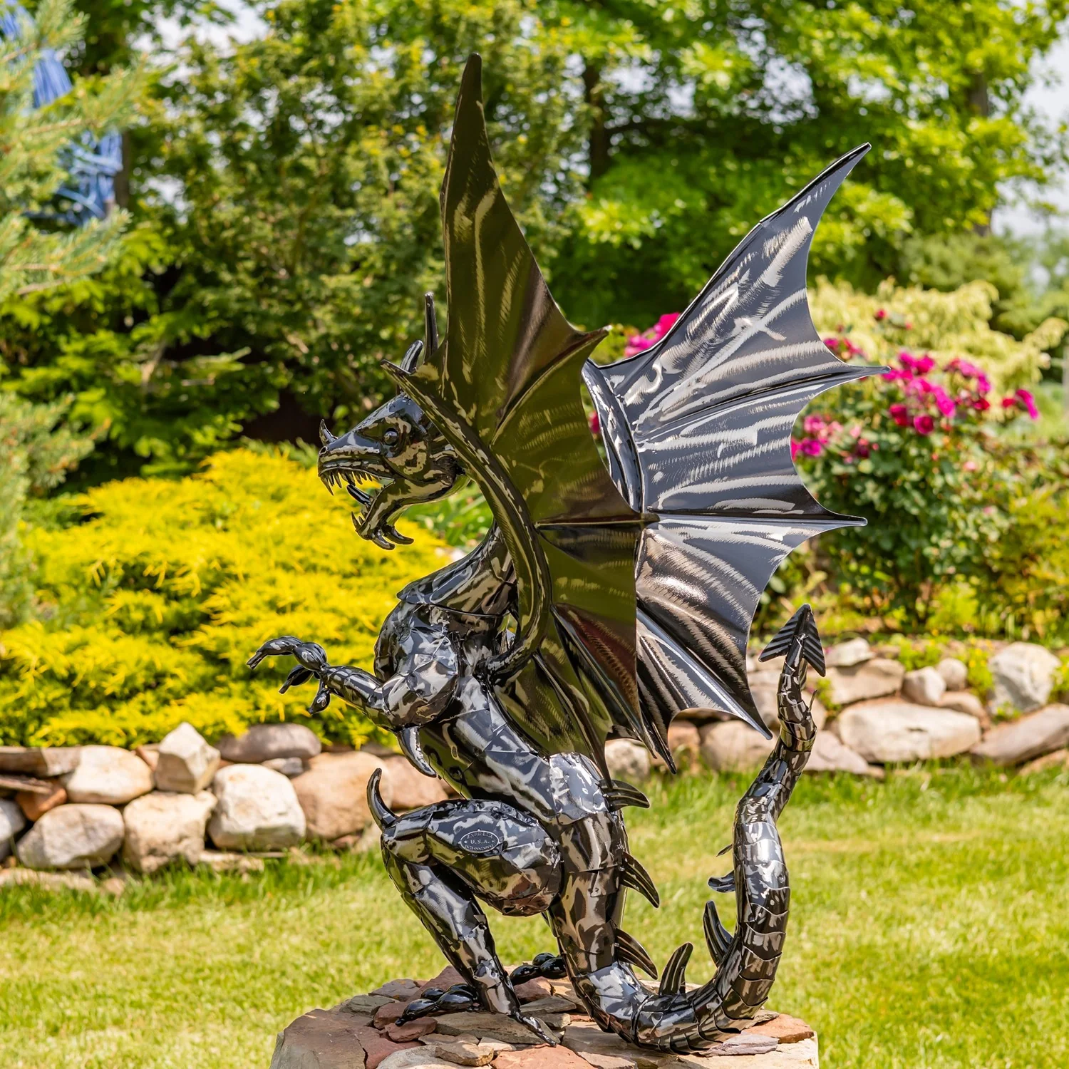 Tall Ferocious Metal Dragon Statue 44" High - Image 2