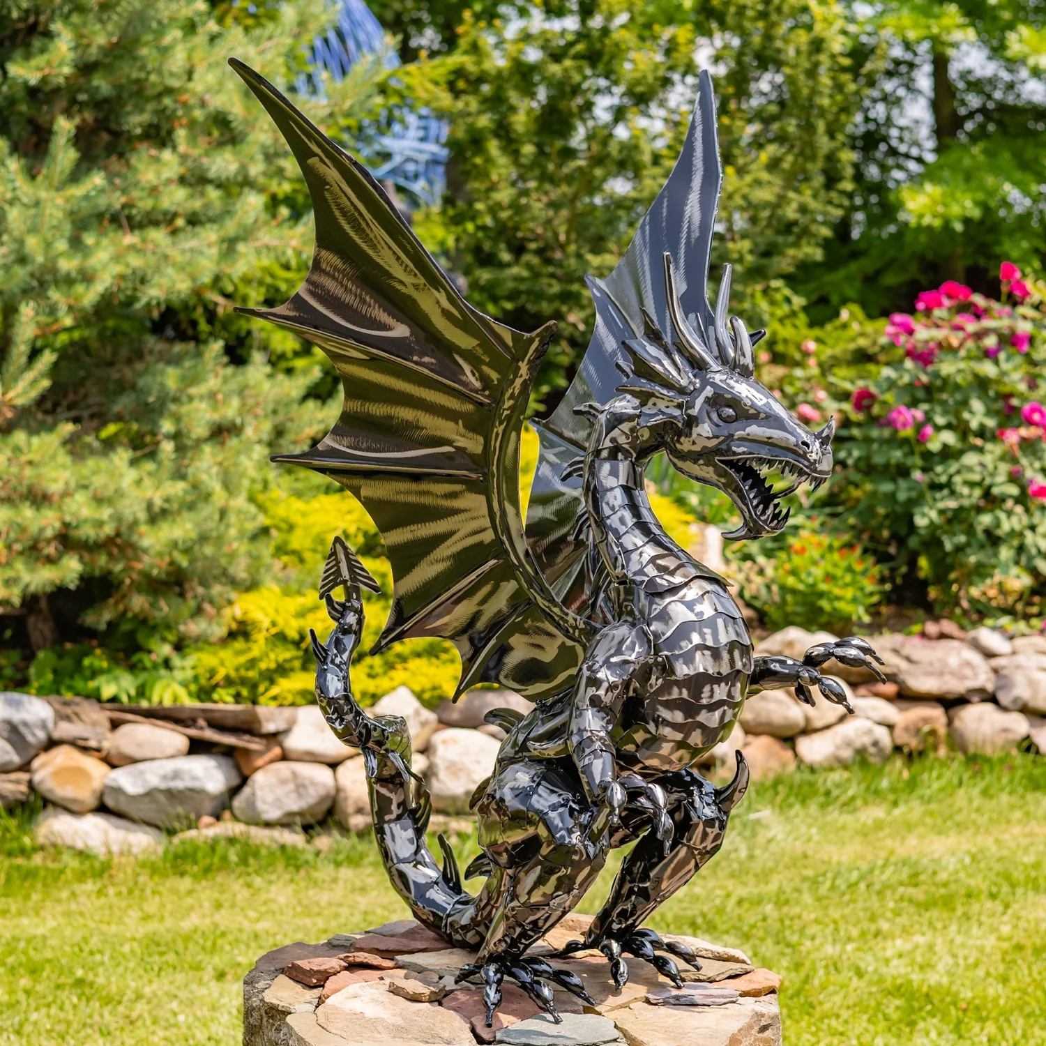 Tall Ferocious Metal Dragon Statue 44" High - Image 5