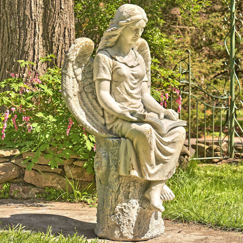Tall Sitting Angel Reading Book Statue – 46" Antique Grey - Image 3