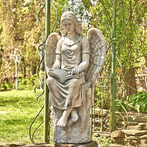 Tall Sitting Angel Reading Book Statue – 46" Antique Grey - Image 5