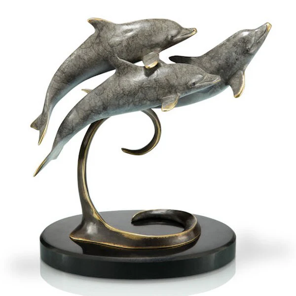 Triple Dolphins on Marble Base Brass Sculpture
