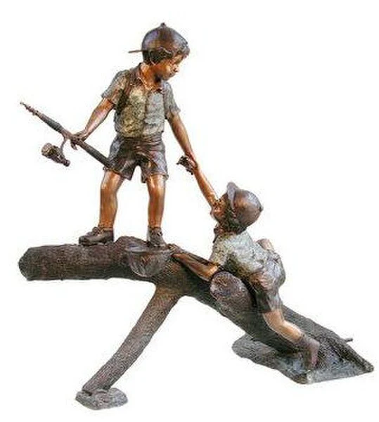 Two Boys Fishing on Branch Garden Sculpture