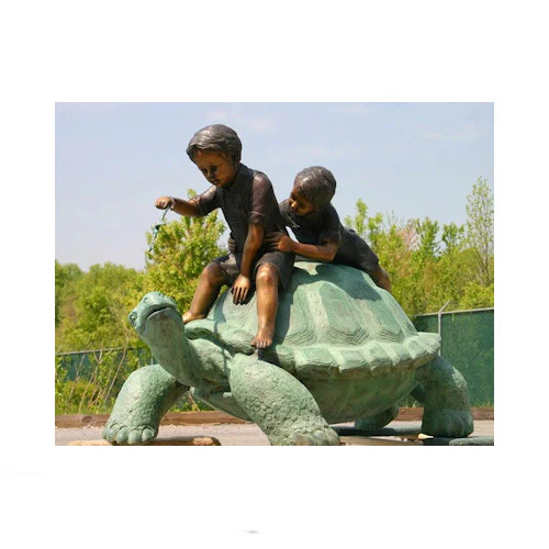 Two Boys Riding Turtle Bronze Sculpture - Image 2