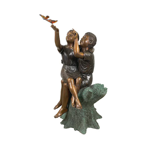 Two Children On Stump with Monarch Butterflies Bronze Statue - Image 3