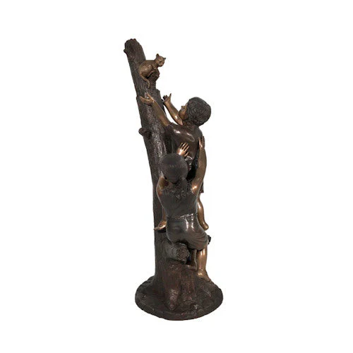 Two Children With Cat Rescue Bronze Statue